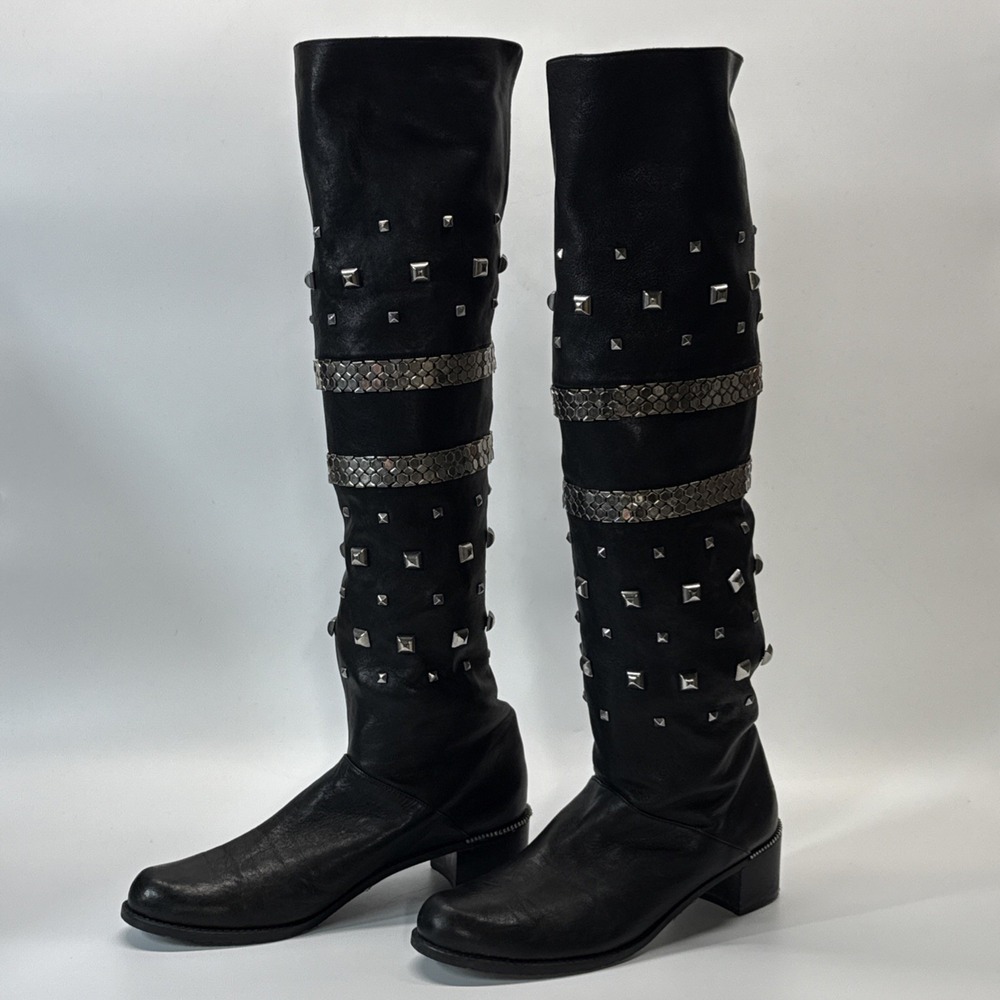 Stuart Weitzman Leather Boots Womens Black 10 Studs & Chains Tall Heel Grunge